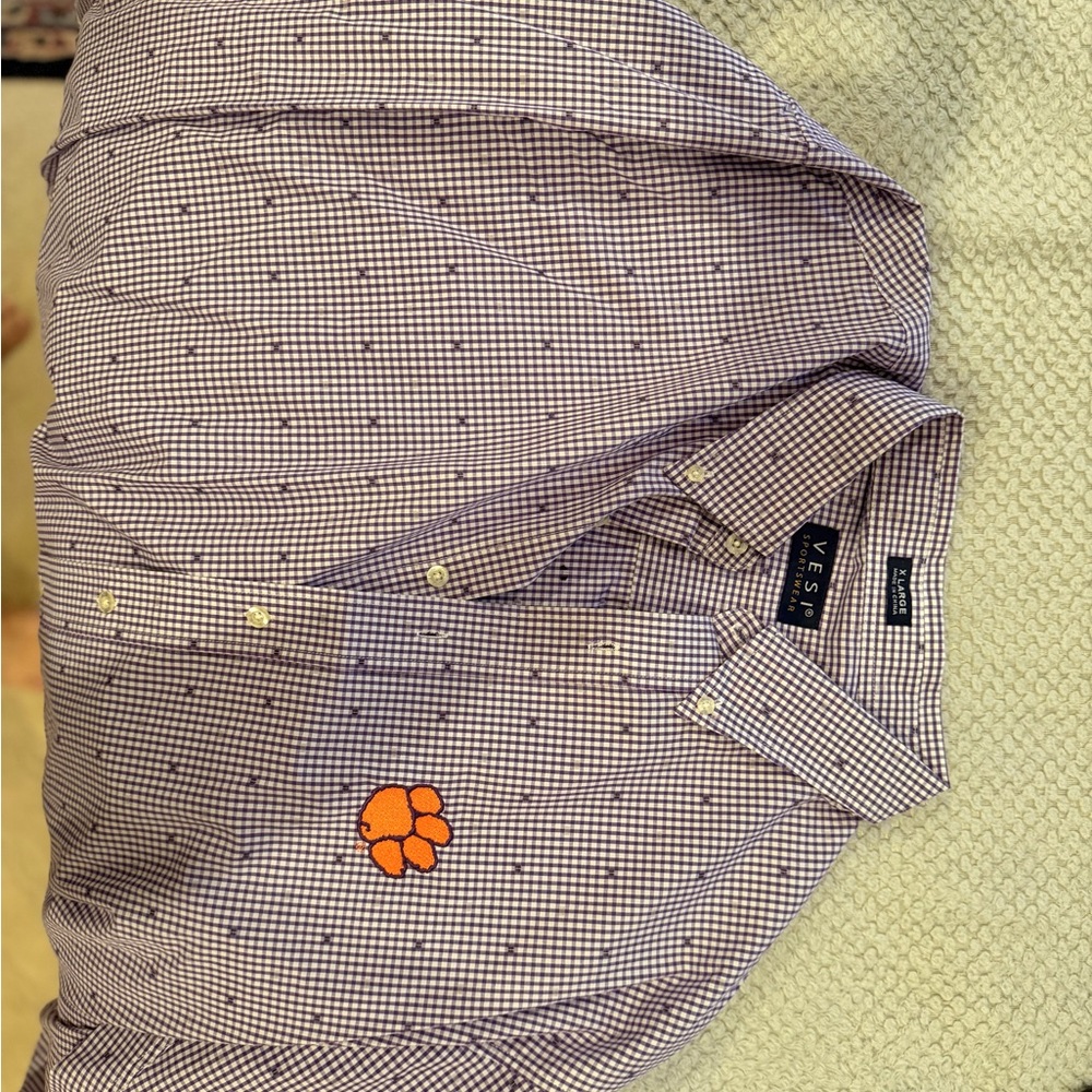 Vesi Clemson Purple and Orange Checkered Shirt